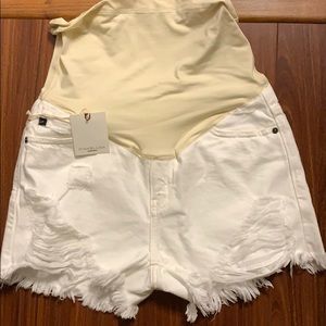 White Distressed Hem Maternity Shorts